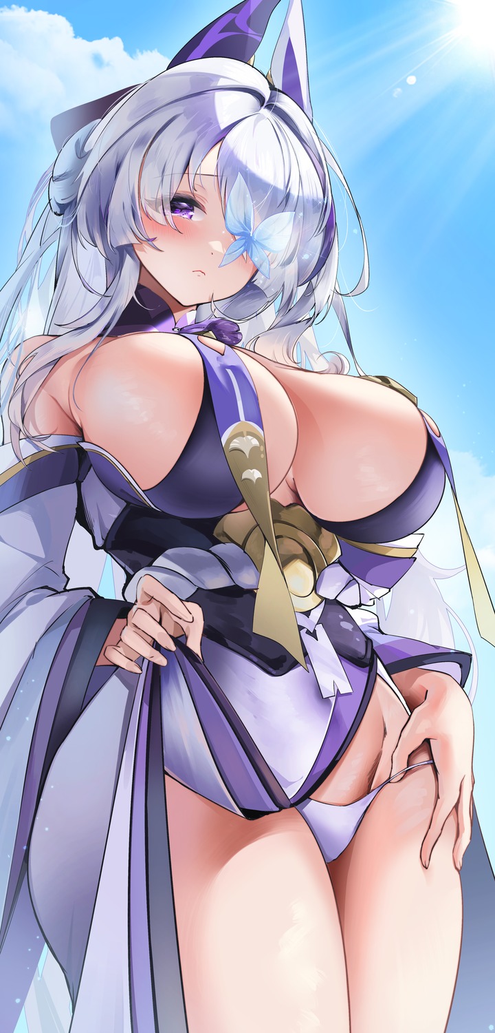 azur_lane eyepatch fangwan japanese_clothes no_bra pantsu skirt_lift undressing unzen_(azur_lane)