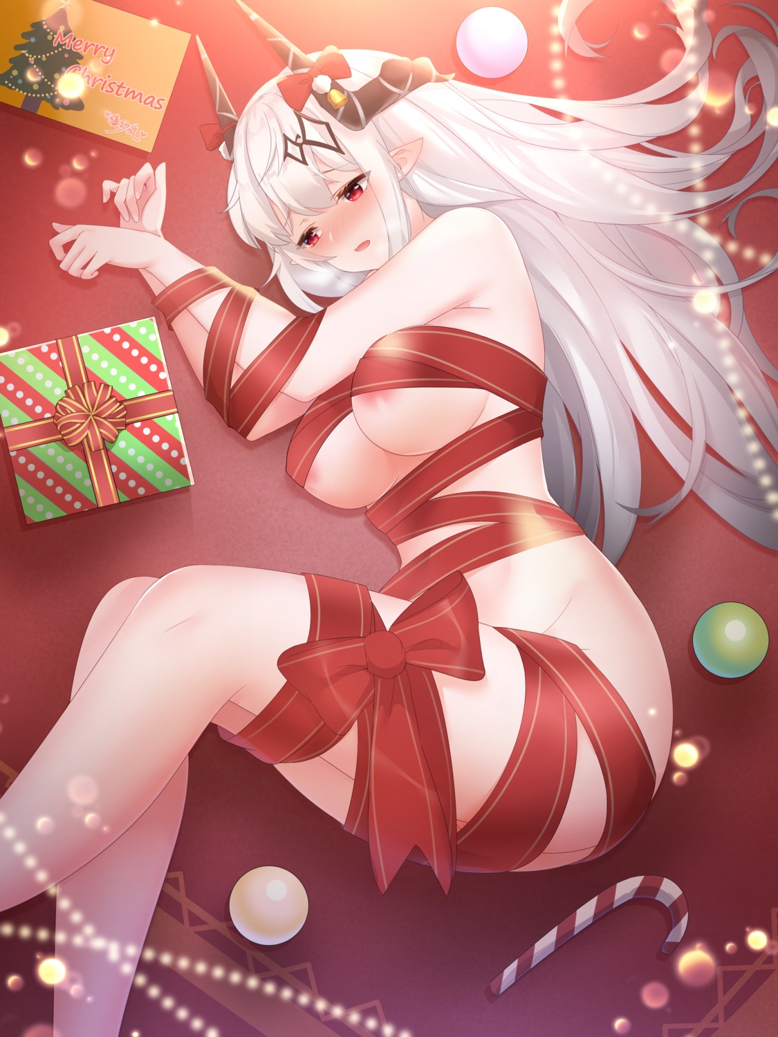 areola arknights bondage christmas horns lingshalan mudrock_(arknights) naked_ribbon pointy_ears