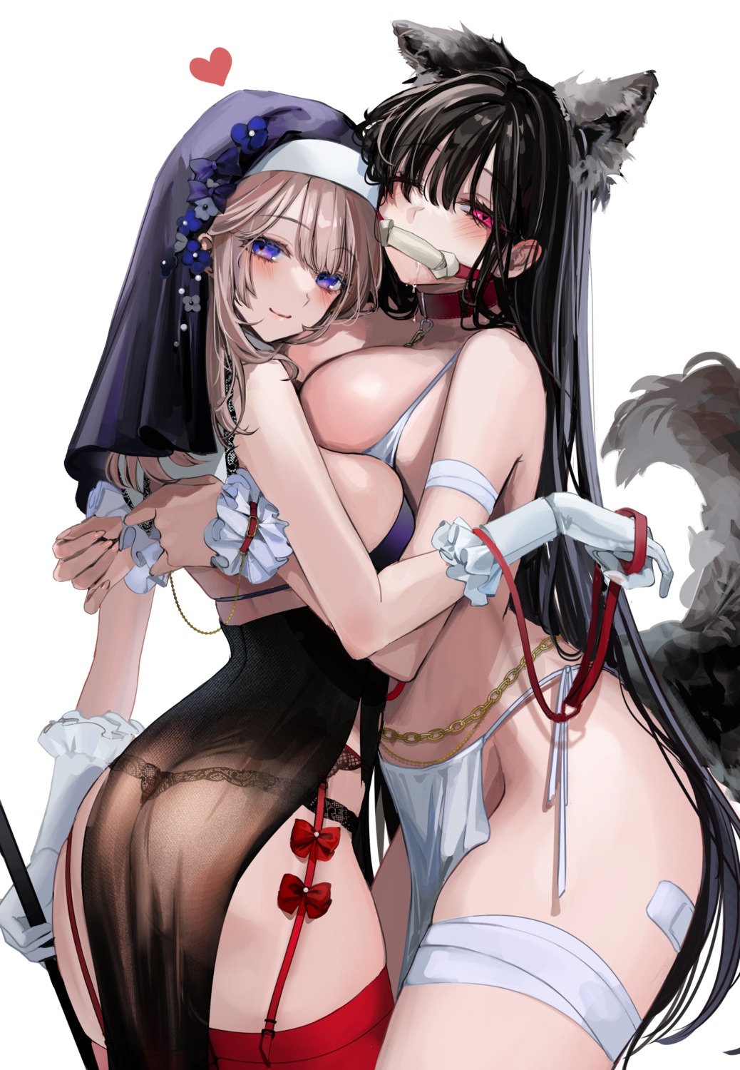 animal_ears ass bandages bandaid bra dress kandzume_(kandume200) lingerie nun pantsu see_through stockings symmetrical_docking tail thighhighs thong yuri