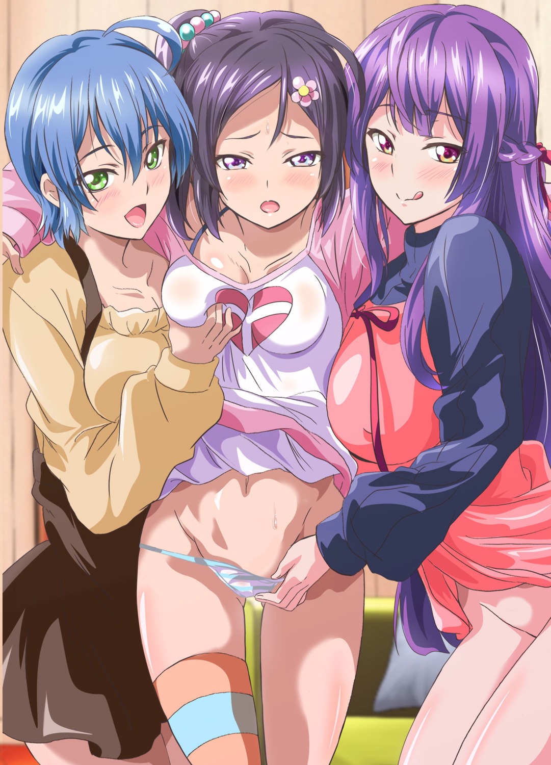 breast_grab cleavage nopan pantsu panty_pull shimapan skirt_lift sweater thighhighs undressing washizuka_shou yuri