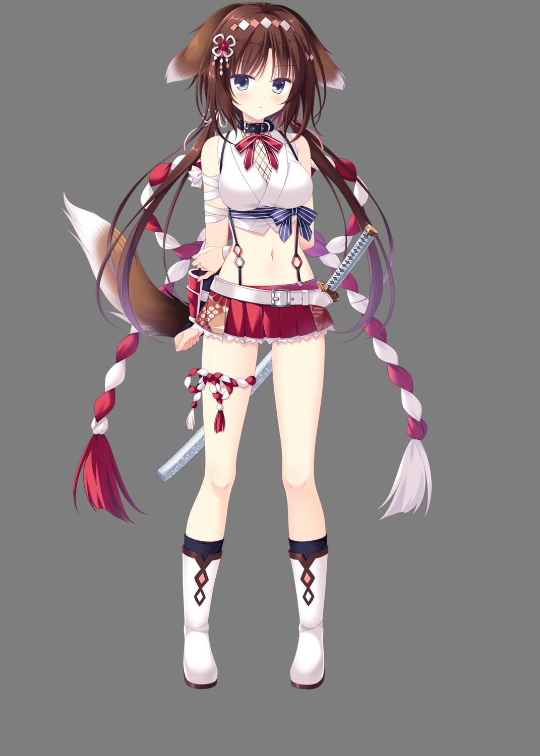 animal_ears cleavage inumimi japanese_clothes neko-nin_exheart neko-nin_exheart_3 nekozuka_shino sword tail takano_yuki transparent_png whirlpool