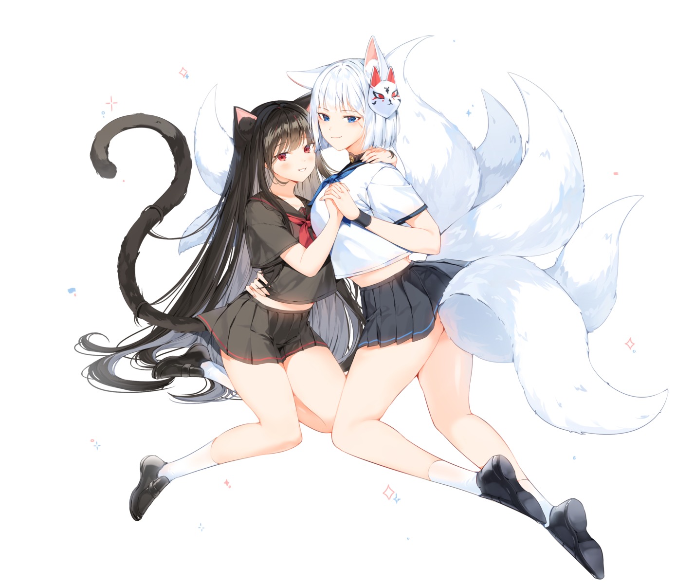 animal_ears azur_lane kaga_(azur_lane) kitsune nekomimi sayan seifuku skirt_lift taihou_(azur_lane) tail