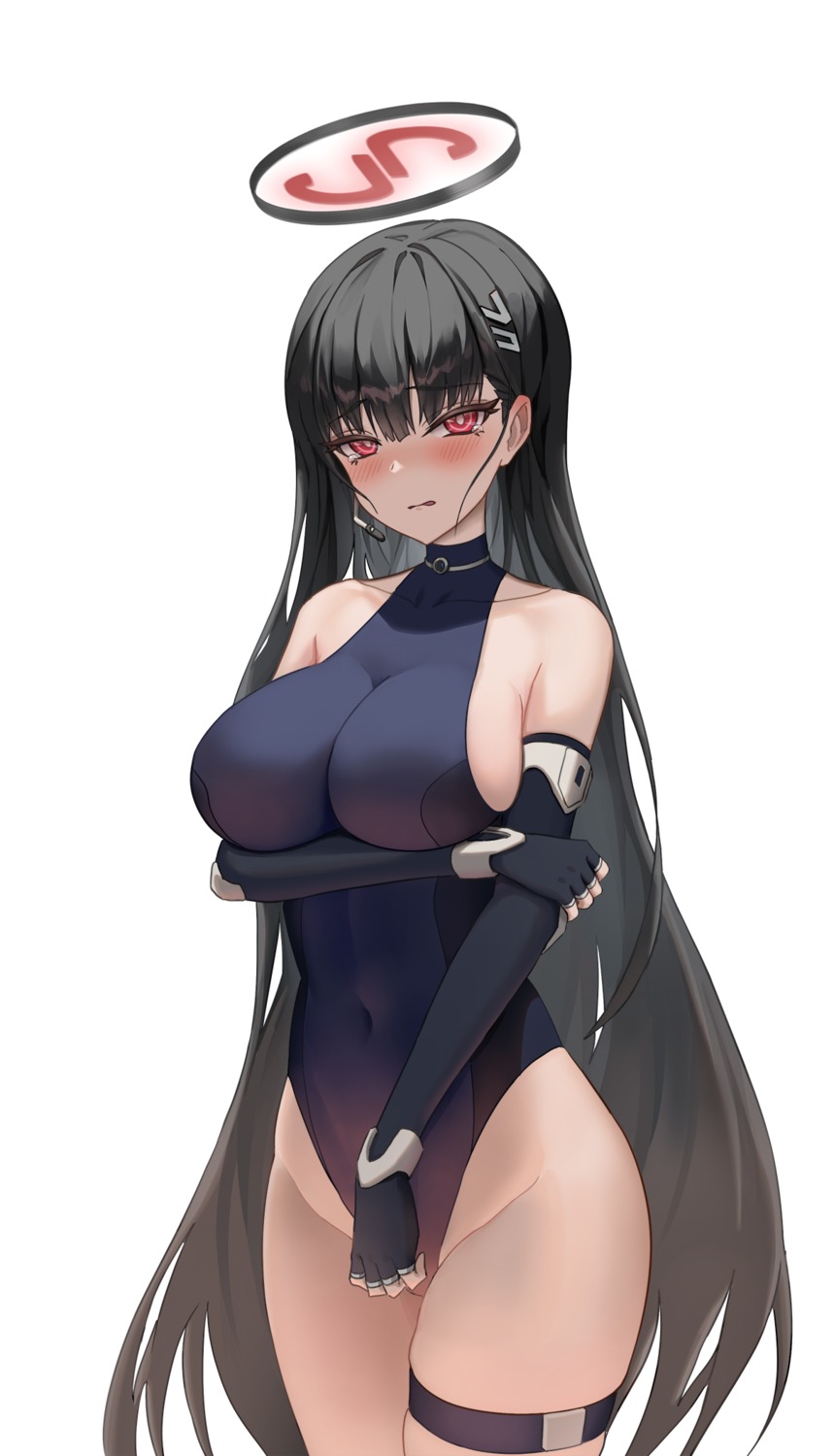 asuma_toki blue_archive breast_hold cosplay garter geomissword halo swimsuits tsukatsuki_rio