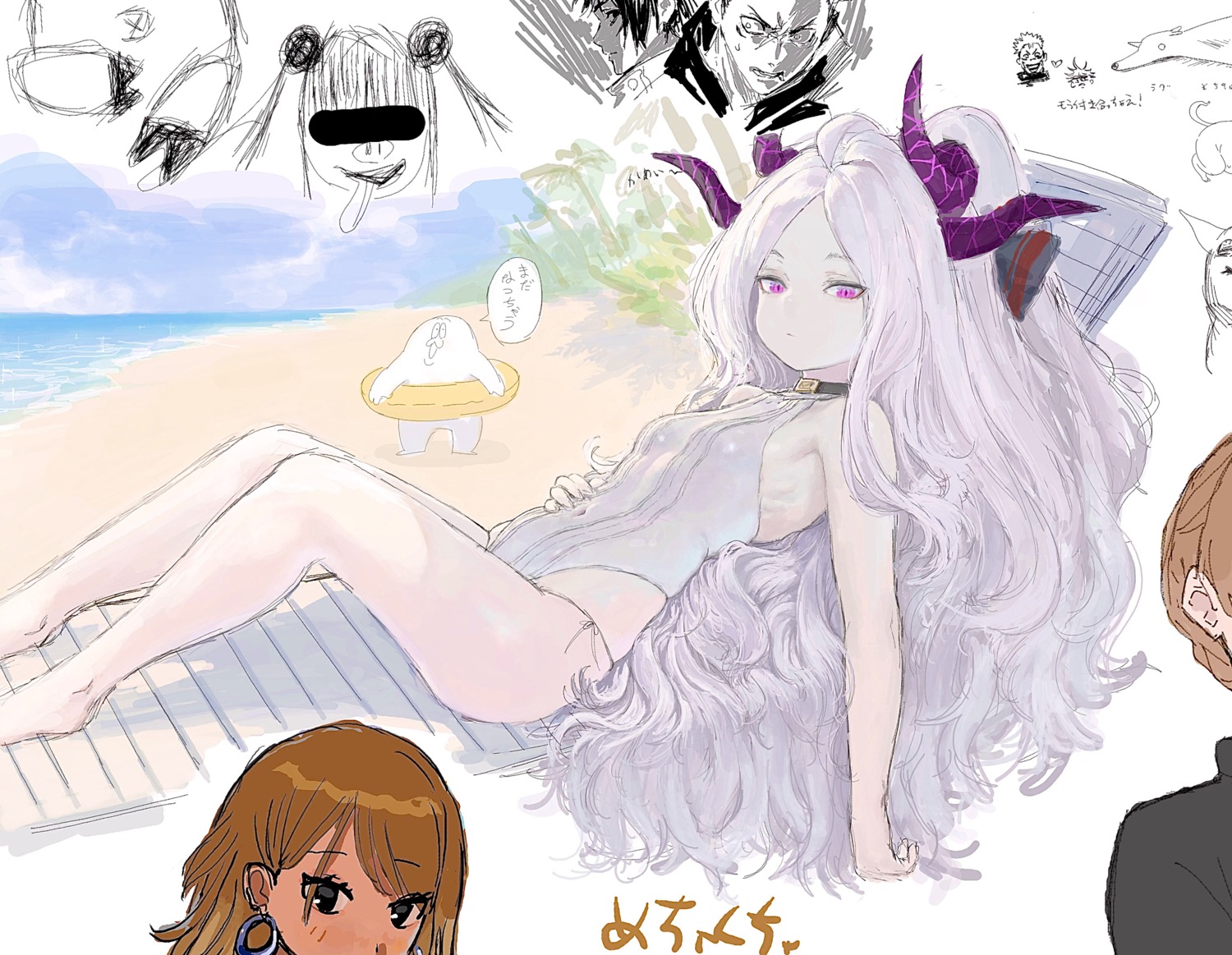 blue_archive horns sketch sorasaki_hina swimsuits tagme