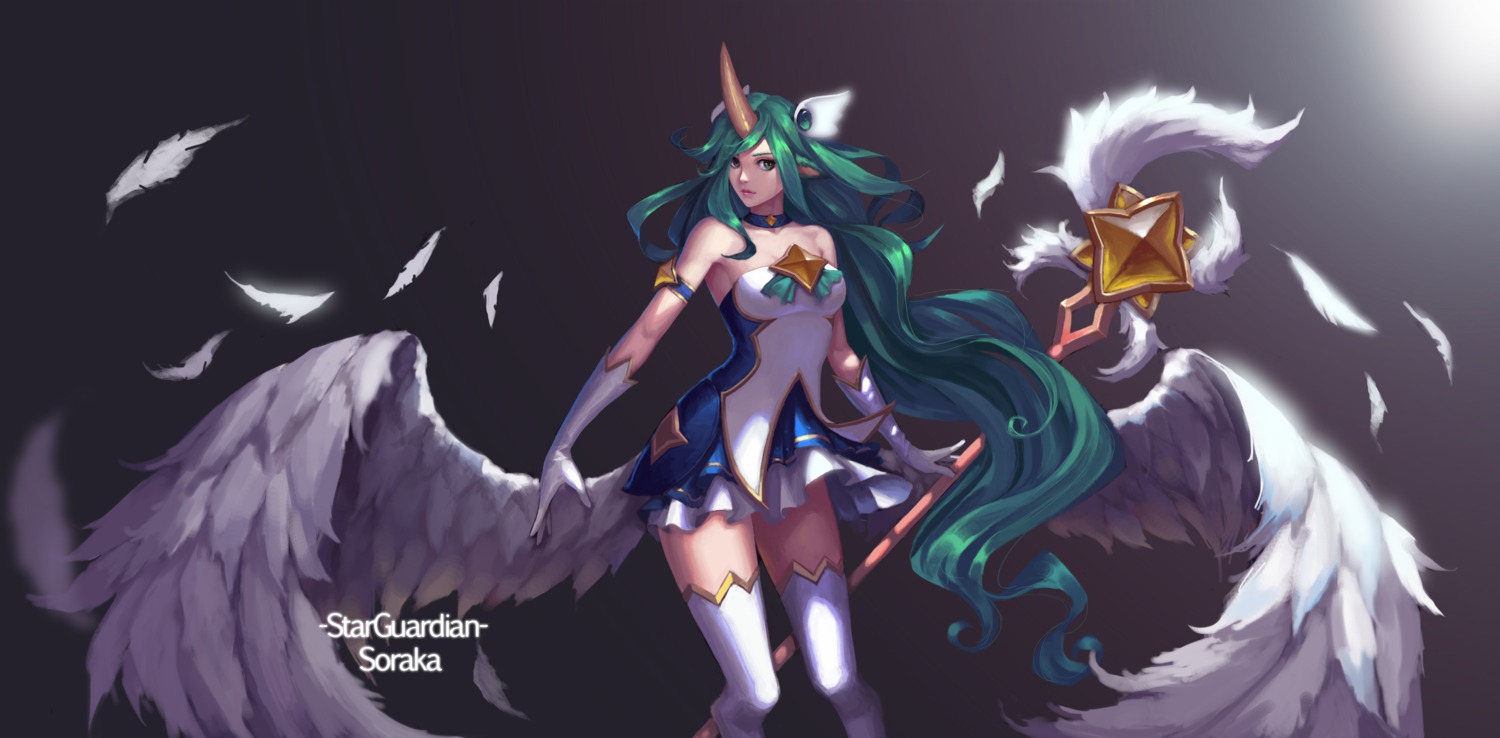 animal_ears dress horns league_of_legends soraka tagme thighhighs weapon wings