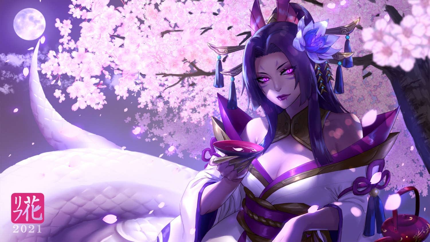 cassiopeia japanese_clothes league_of_legends monster_girl no_bra sake tagme tail