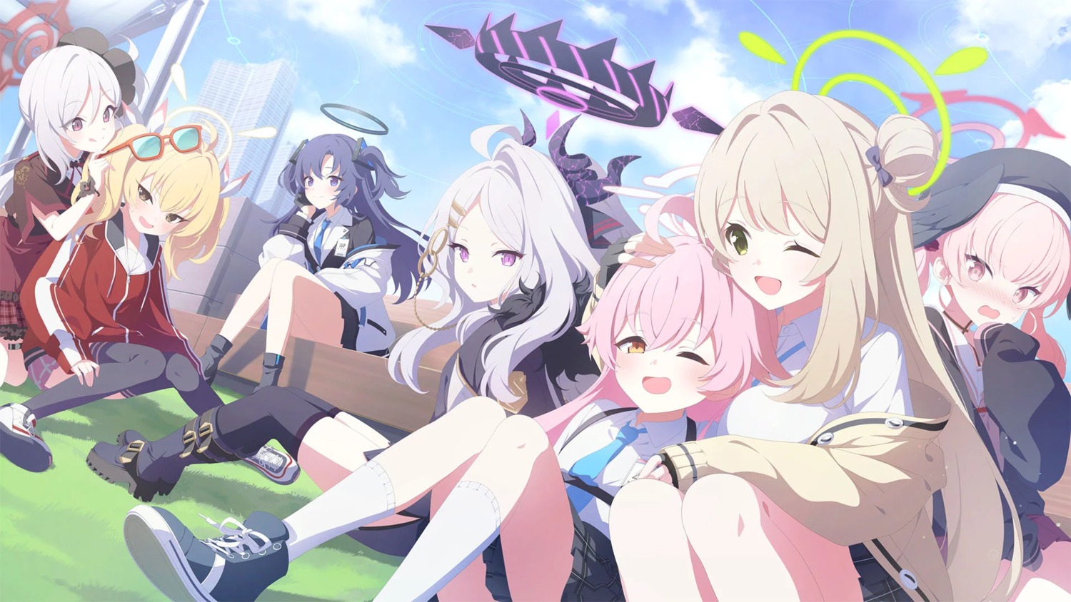 asagi_mutsuki blue_archive garter halo hayase_yuuka horns ibaragi_yoshimi izayoi_nonomi megane seifuku shimoe_koharu skirt_lift sorasaki_hina sweater tagme takanashi_hoshino thighhighs uniform wallpaper wings