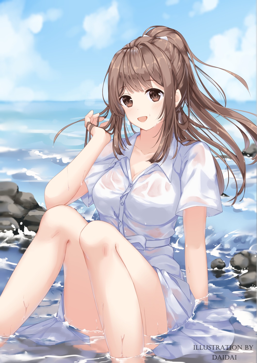 cleavage daidai_gege dress see_through skirt_lift wet wet_clothes