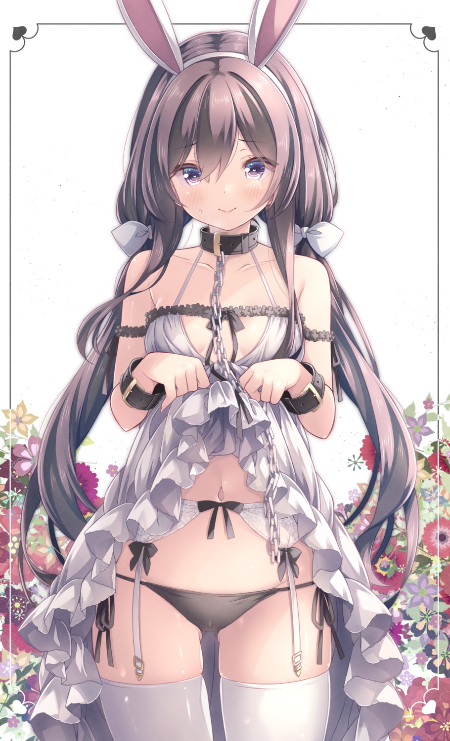 animal_ears bunny_ears garter_belt loli no_bra pantsu ryo_(botsugo) skirt_lift stockings string_panties thighhighs