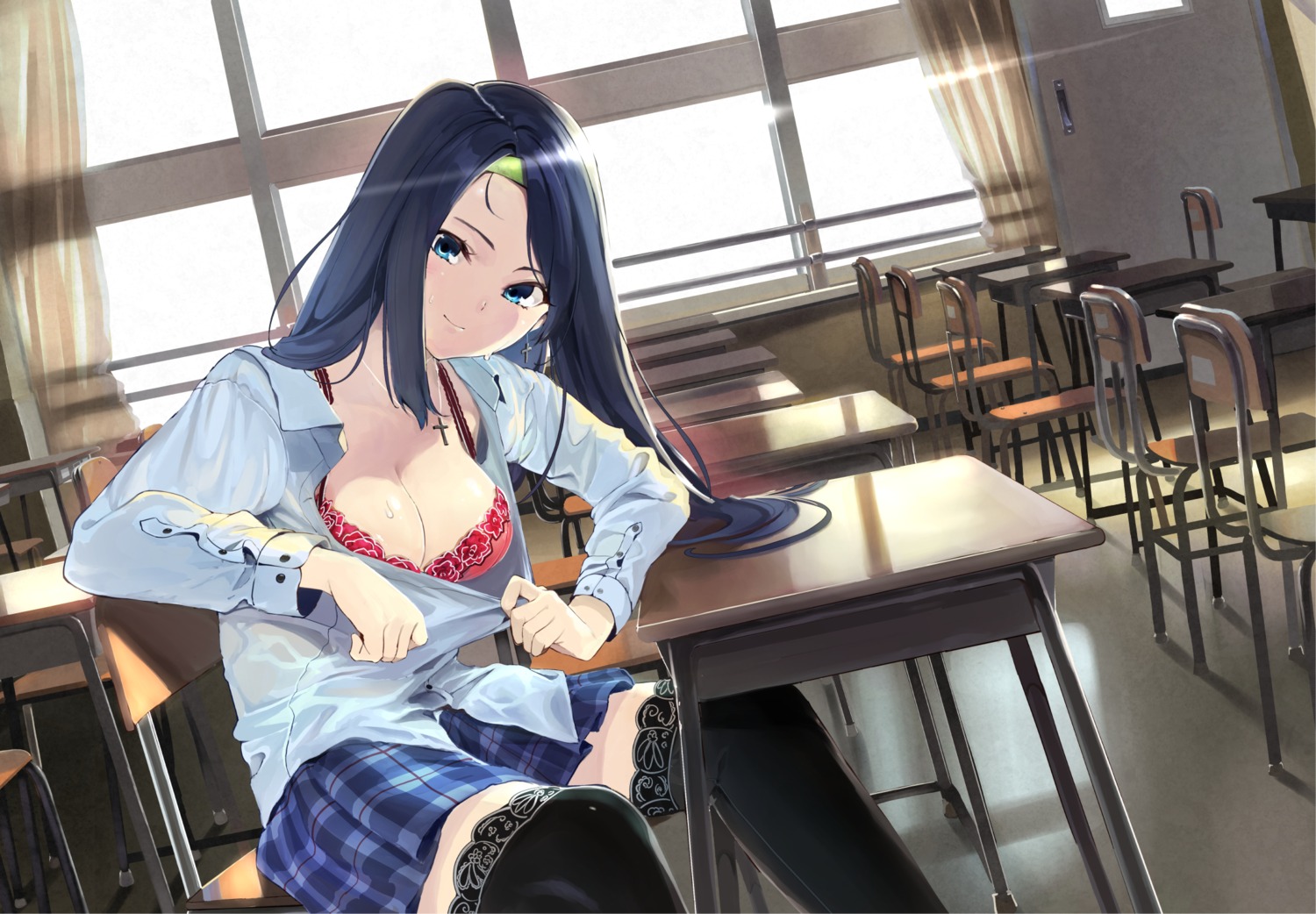 bra cleavage itsutsuse open_shirt seifuku thighhighs