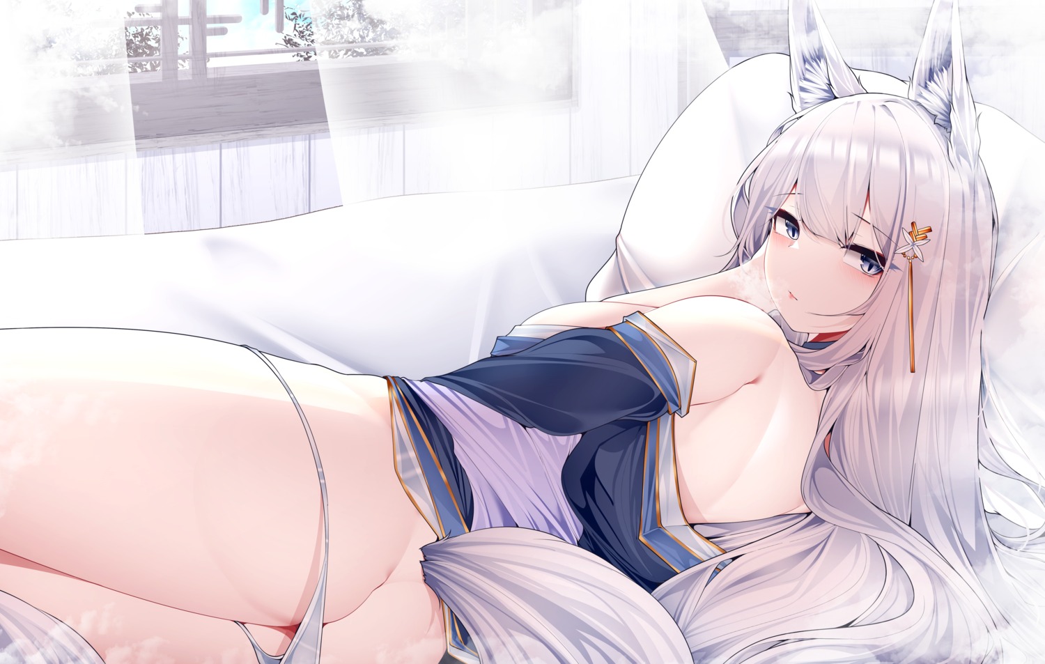 animal_ears ass azur_lane japanese_clothes kitsune no_bra open_shirt pantsu panty_pull samip shinano_(azur_lane) skirt_lift tail