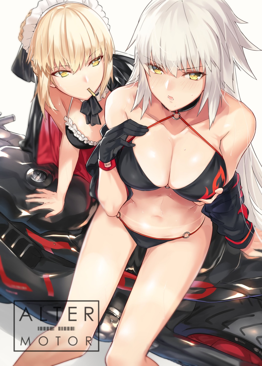 bikini breast_hold fate/grand_order jeanne_d'arc jeanne_d'arc_(alter)_(fate) jpeg_artifacts maid ohland saber saber_alter swimsuits yuri