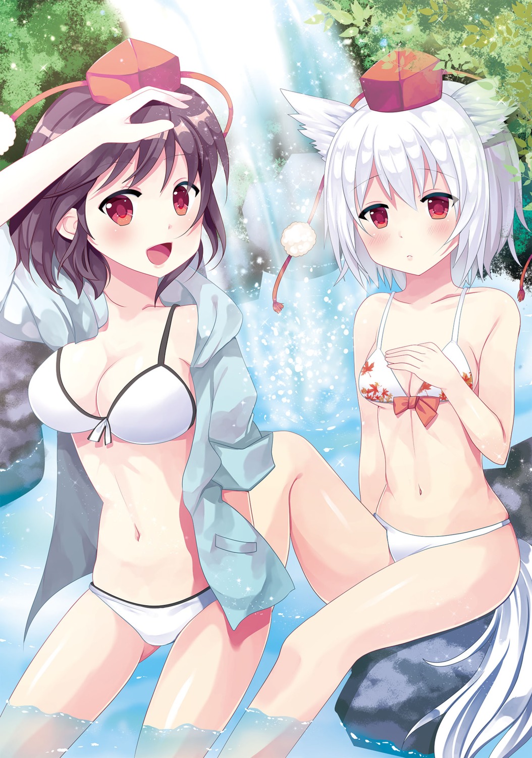 animal_ears bikini cleavage inubashiri_momiji naruneko open_shirt shameimaru_aya swimsuits tail touhou