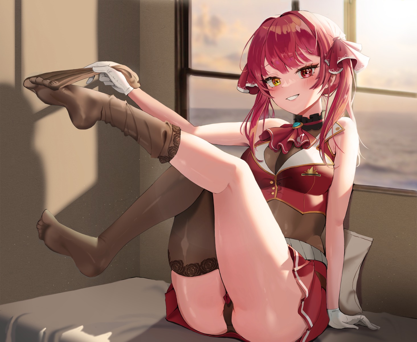 feet heterochromia hololive houshou_marine pantsu skirt_lift thighhighs undressing yuchae