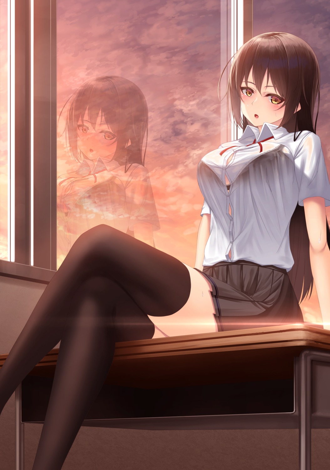 bra riuji see_through seifuku skirt_lift thighhighs