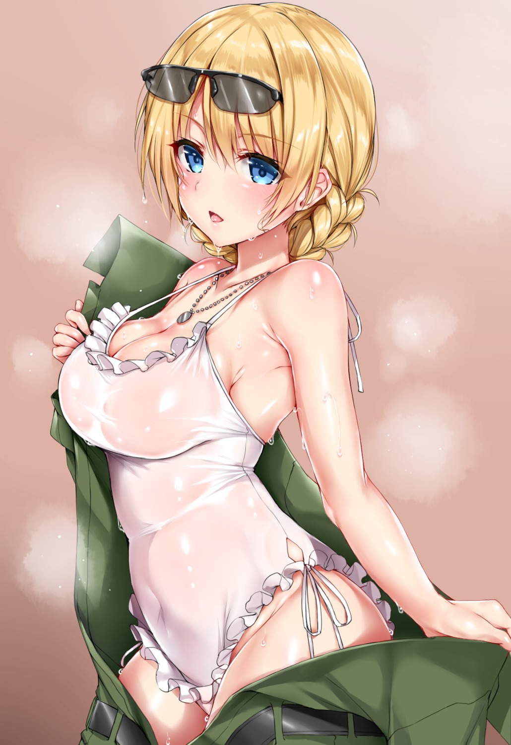 blue_gk cleavage darjeeling girls_und_panzer megane see_through swimsuits undressing wet wet_clothes