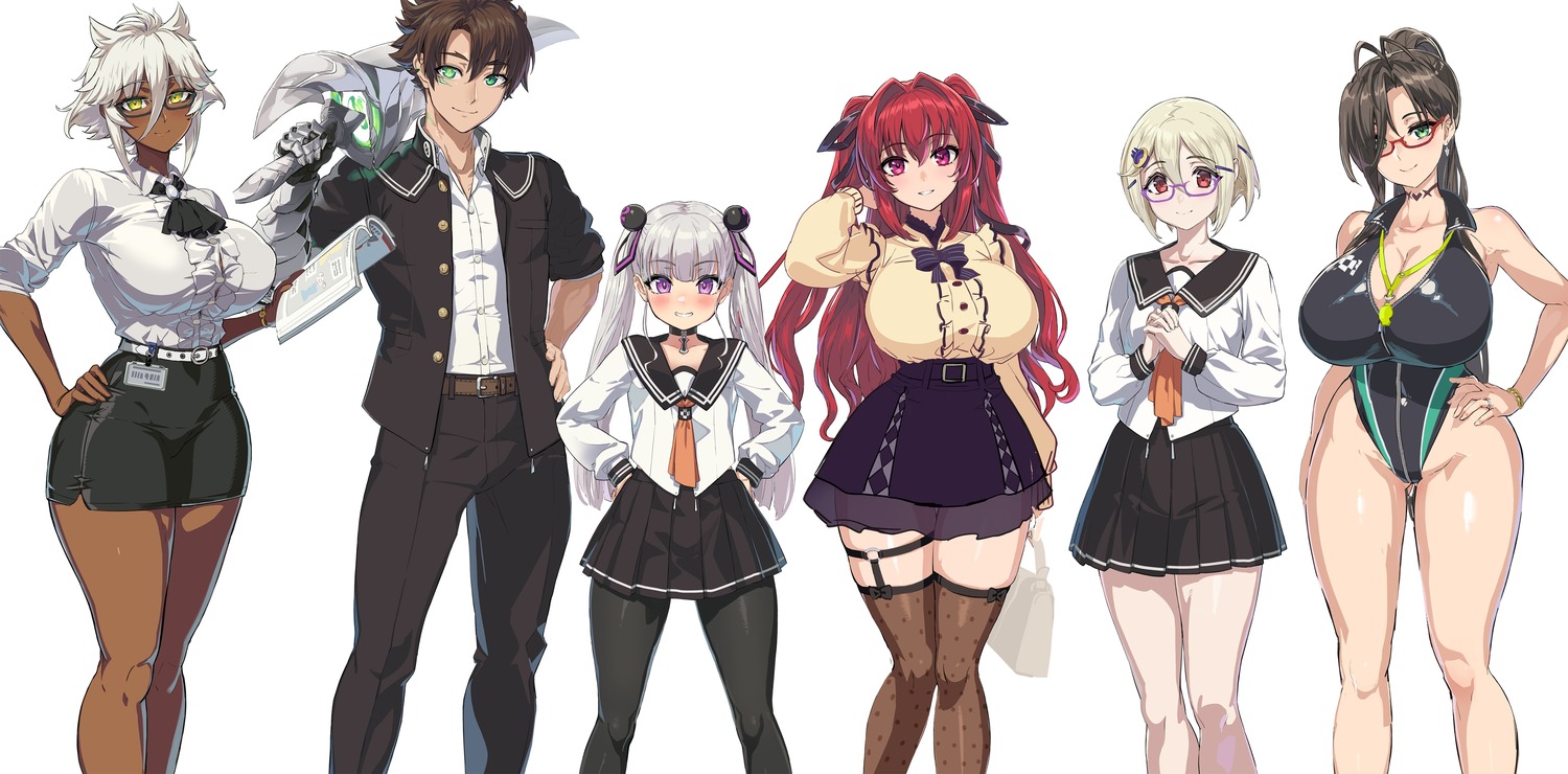 armor celis_reinhartd cleavage dress_shirt garter megane naruse_maria naruse_mio nonaka_kurumi ookuma_nekosuke pantyhose see_through seifuku shinmai_maou_no_testament stockings swimsuits sword tachibana_nanao thighhighs zest