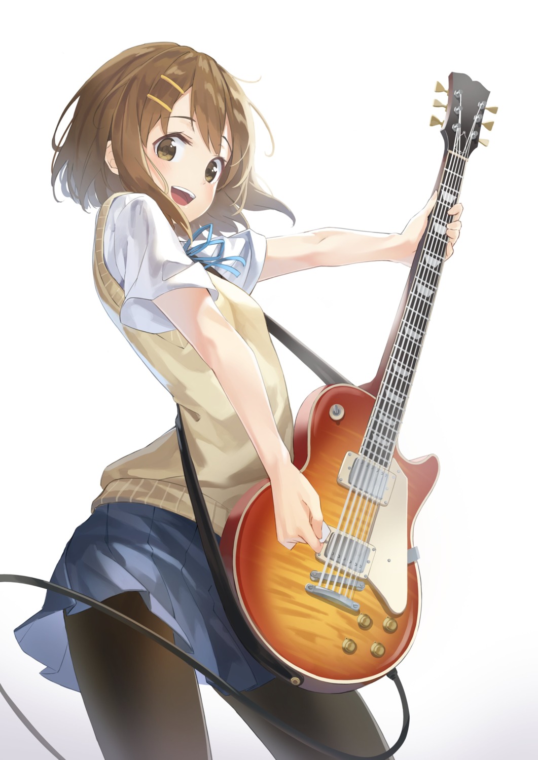 chaku9477 guitar hirasawa_yui k-on! pantyhose seifuku skirt_lift sweater