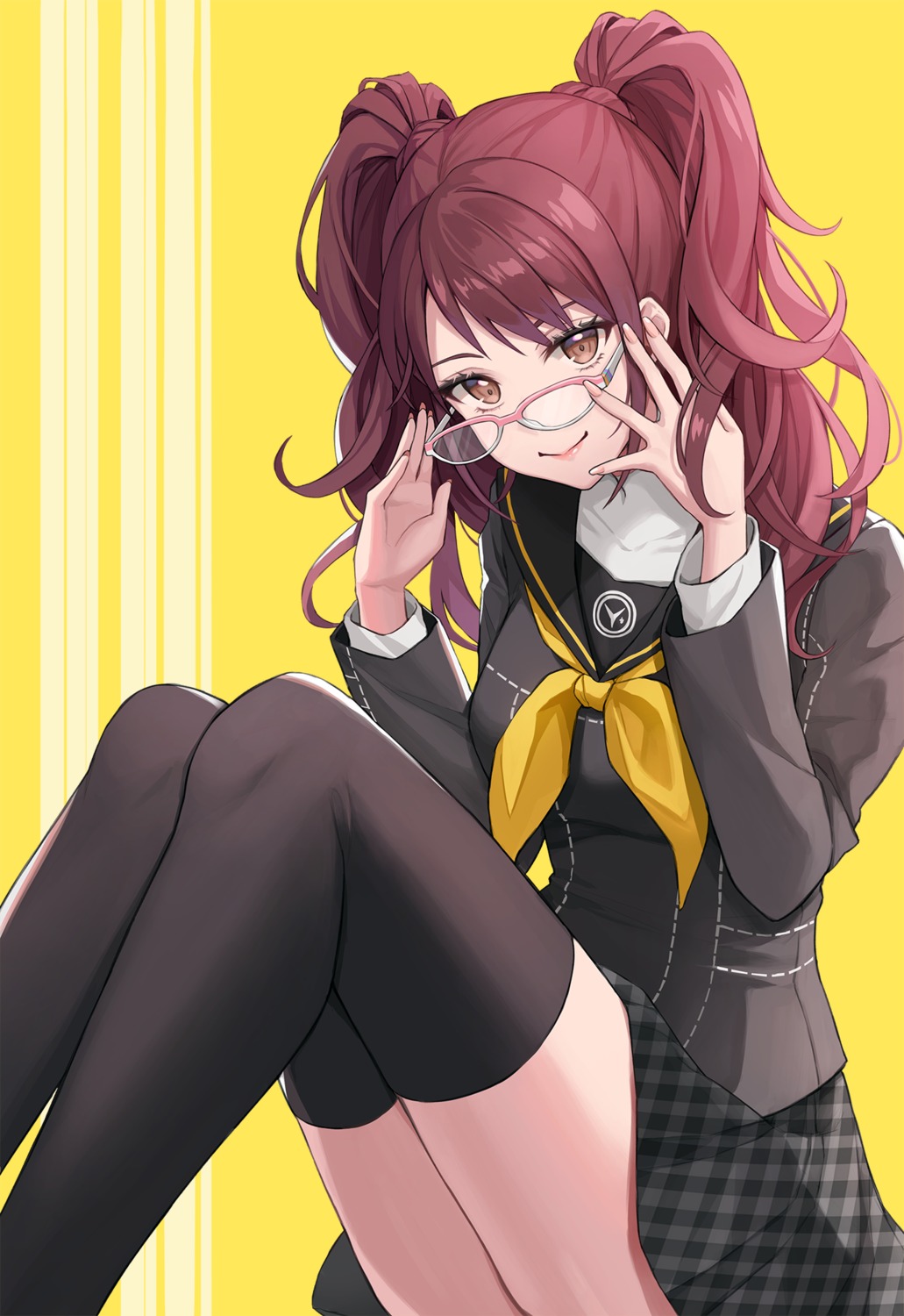 hyosi kujikawa_rise megane megaten persona persona_4 seifuku skirt_lift thighhighs