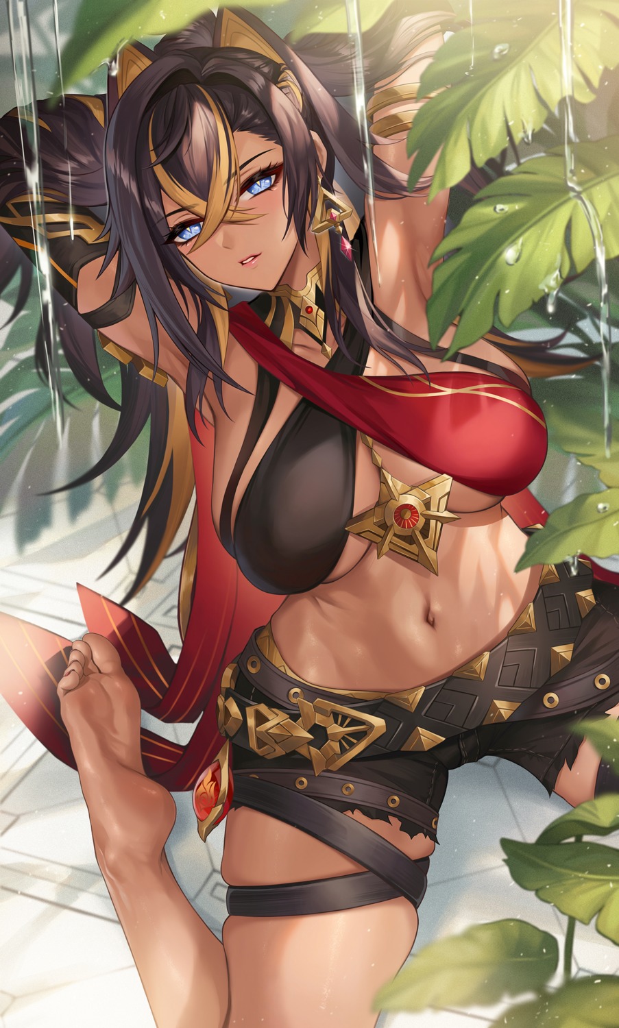 bikini_top dehya garter genshin_impact kacyu swimsuits torn_clothes