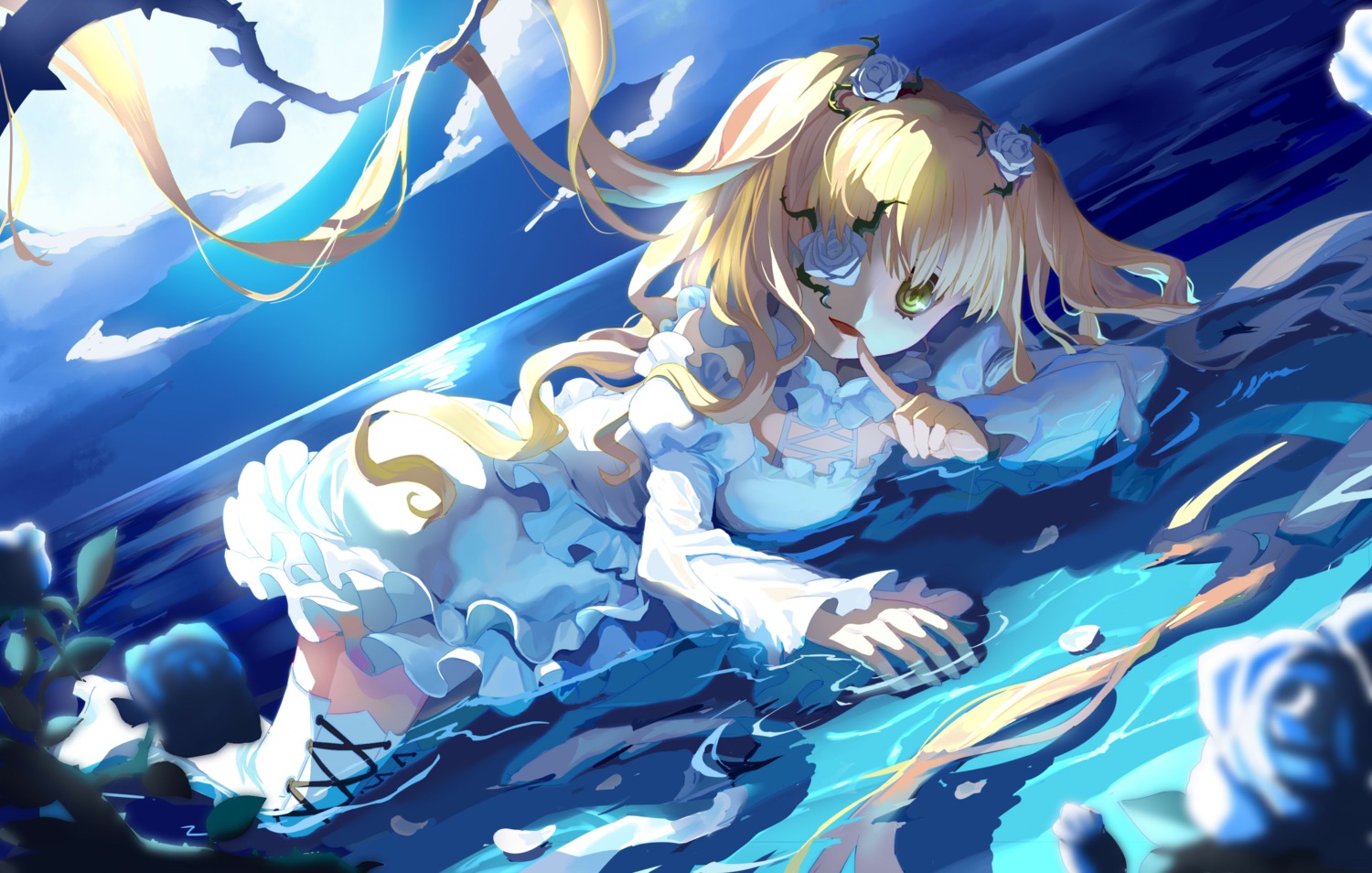 dress eyepatch kirakishou lolita_fashion rina_(shen4705498) rozen_maiden thighhighs wet wet_clothes