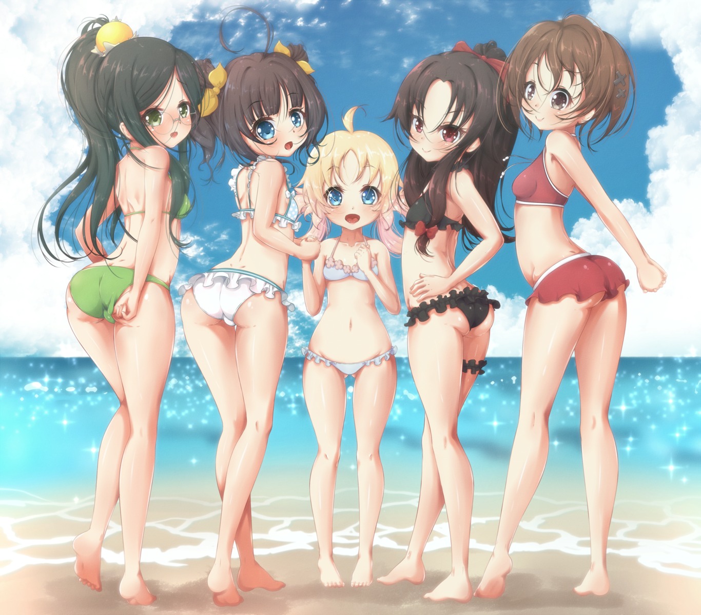 ass bikini breast_hold charlotte_d'izoard ether_core garter hinatsuru_ai loli megane mizukoshi_mio ryuuou_no_oshigoto! sadatou_ayano swimsuits thong yashajin_ai