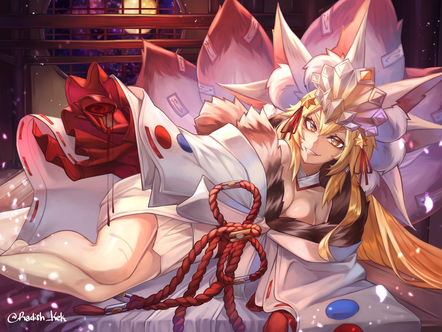 animal_ears fate/grand_order japanese_clothes kitsune no_bra open_shirt radish_kek tail