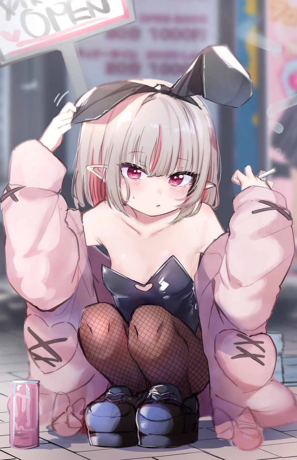 animal_ears bunny_ears bunny_girl fishnets kio_(yumekuikio) loli makaino_ririmu nijisanji nijisanji_gamers no_bra pantyhose pointy_ears smoking