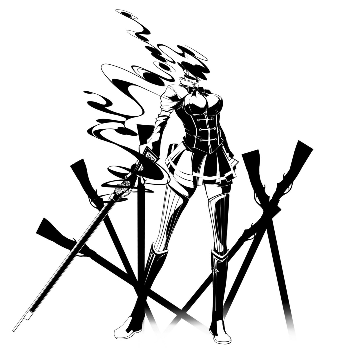 gun jpeg_artifacts monochrome puella_magi_madoka_magica thighhighs tomoe_mami touryou