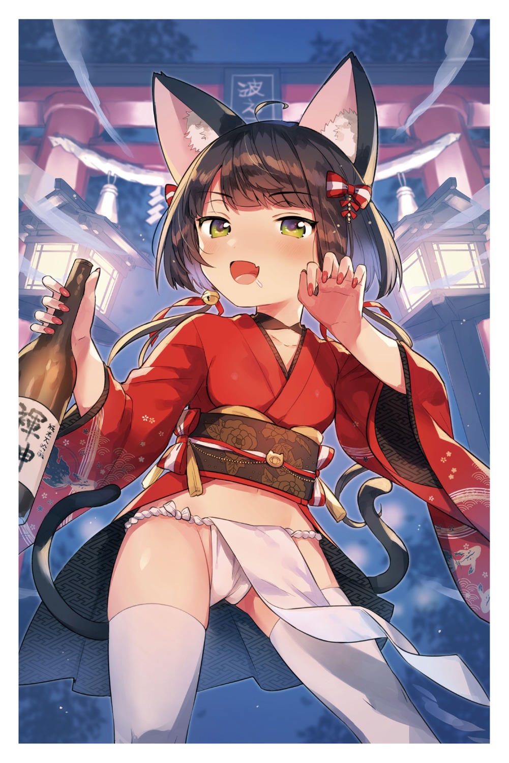 animal_ears asian_clothes fundoshi ichihaya nekomimi sake skirt_lift tail