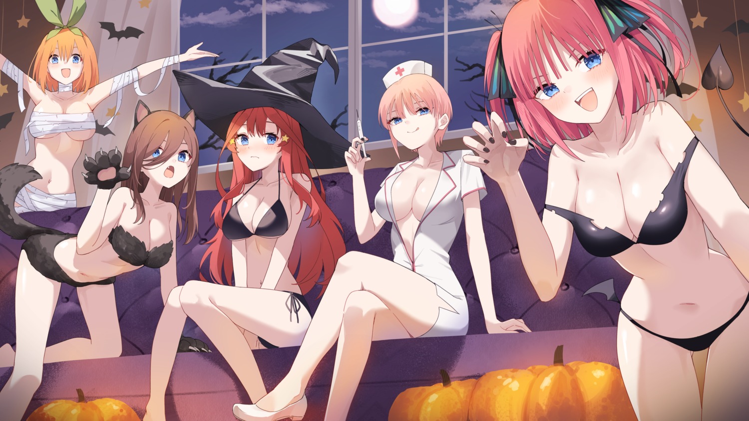 5-toubun_no_hanayome animal_ears bandages bikini halloween nakano_ichika nakano_itsuki nakano_miku nakano_nino nakano_yotsuba naked_ribbon no_bra nurse open_shirt profnote swimsuits tail witch