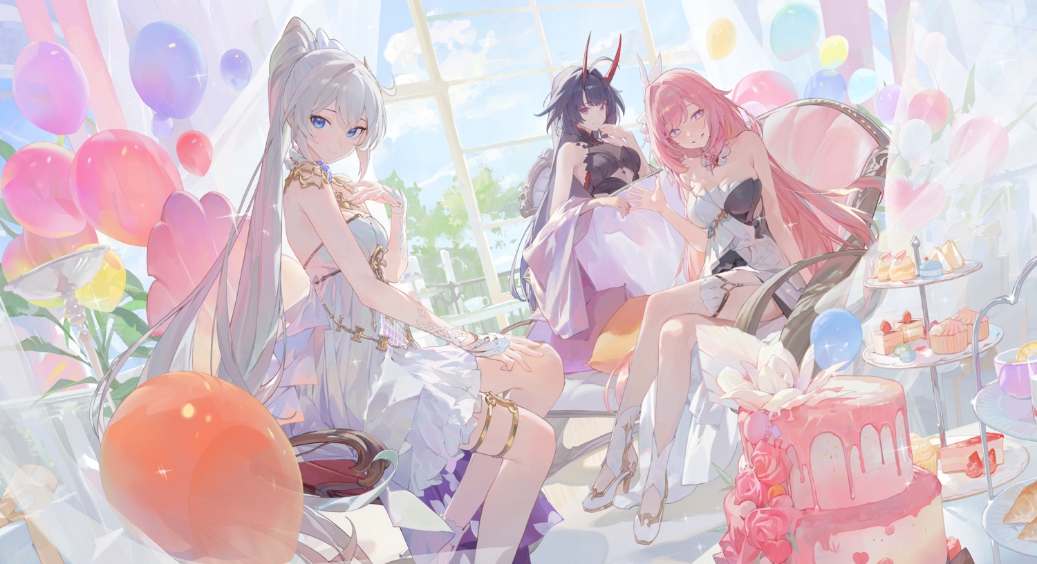 benghuai_xueyuan dress elysia_(honkai_impact) garter heels honkai_impact horns kiana_kaslana mossi no_bra raiden_mei see_through