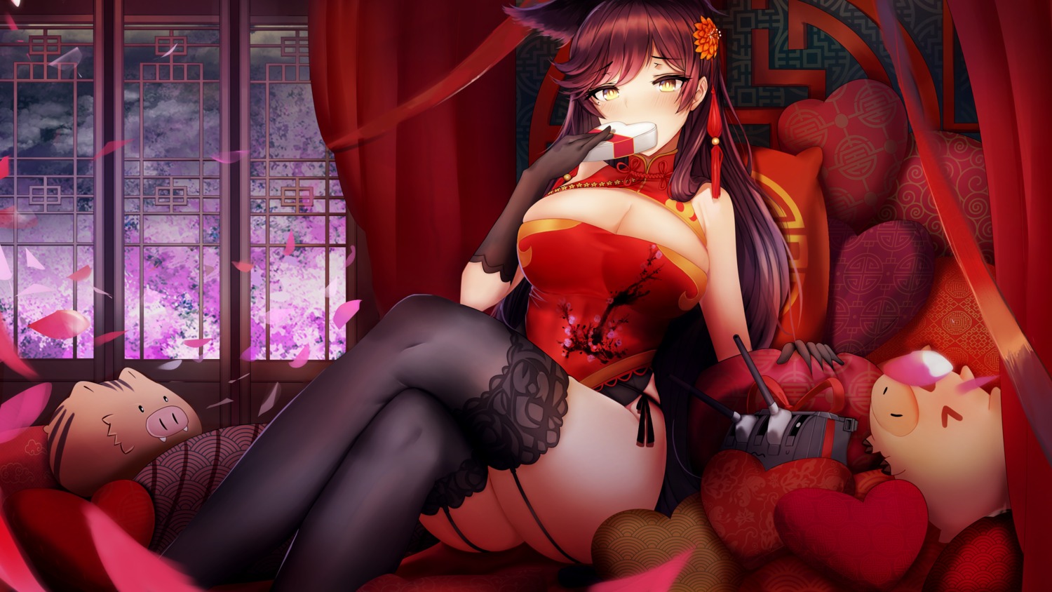 animal_ears atago_(azur_lane) azur_lane chinadress cleavage pantsu piukute062 stockings string_panties thighhighs valentine