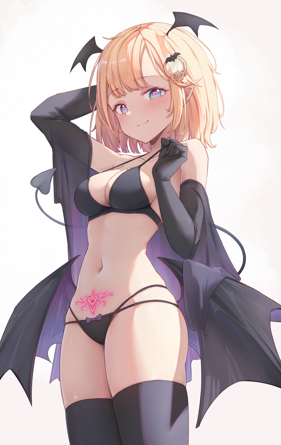 bikini hololive hololive_english open_shirt pointy_ears see_through shironekokfp swimsuits tail tattoo thighhighs watson_amelia wings