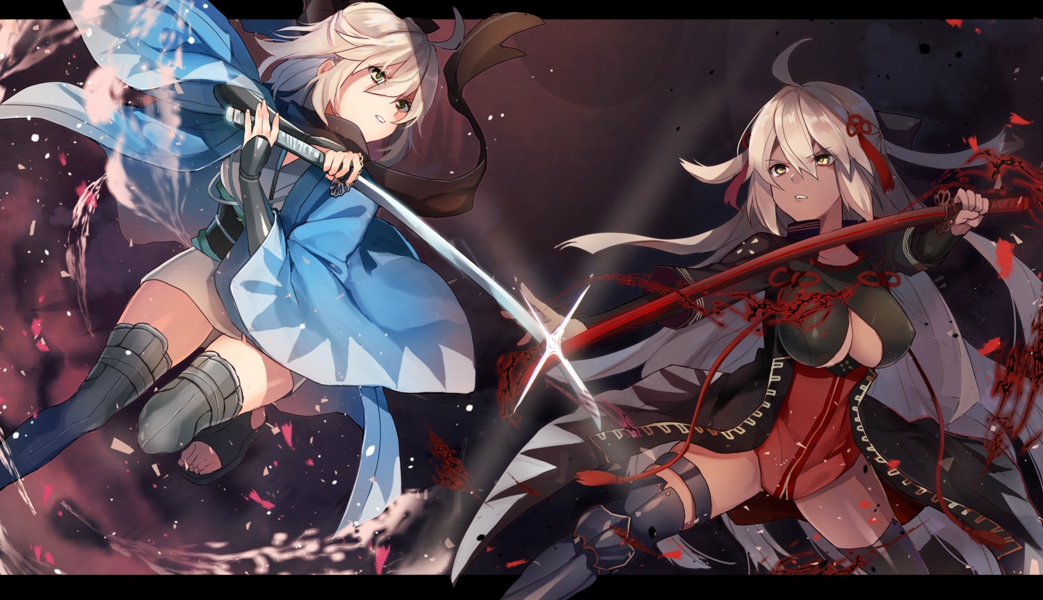 cleavage derori fate/grand_order garter japanese_clothes okita_souji_(alter)_(fate) okita_souji_(fate) sword thighhighs