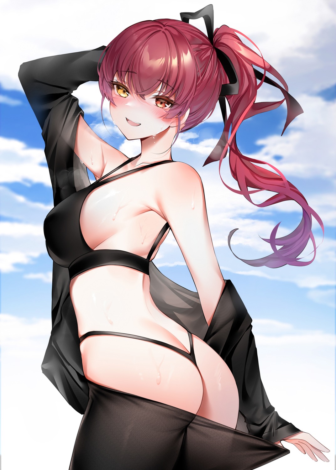 ass bikini heterochromia hololive houshou_marine open_shirt pantyhose see_through swimsuits thong undressing wet yukineko1018