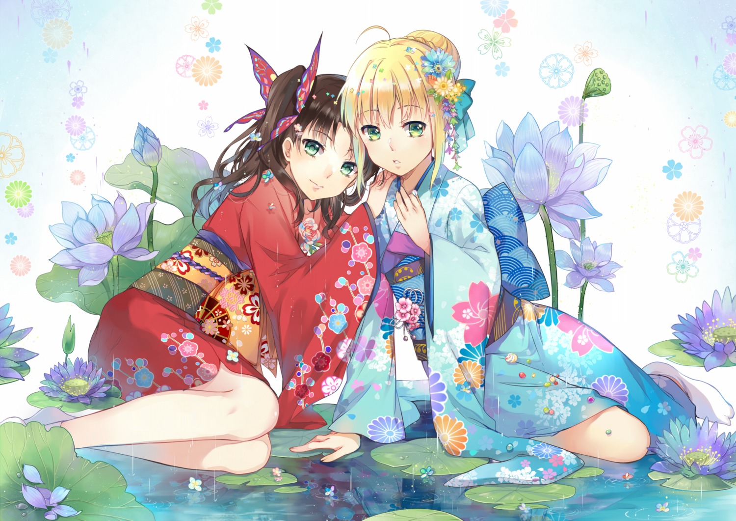 ekita_xuan fate/stay_night saber toosaka_rin wet wet_clothes yukata