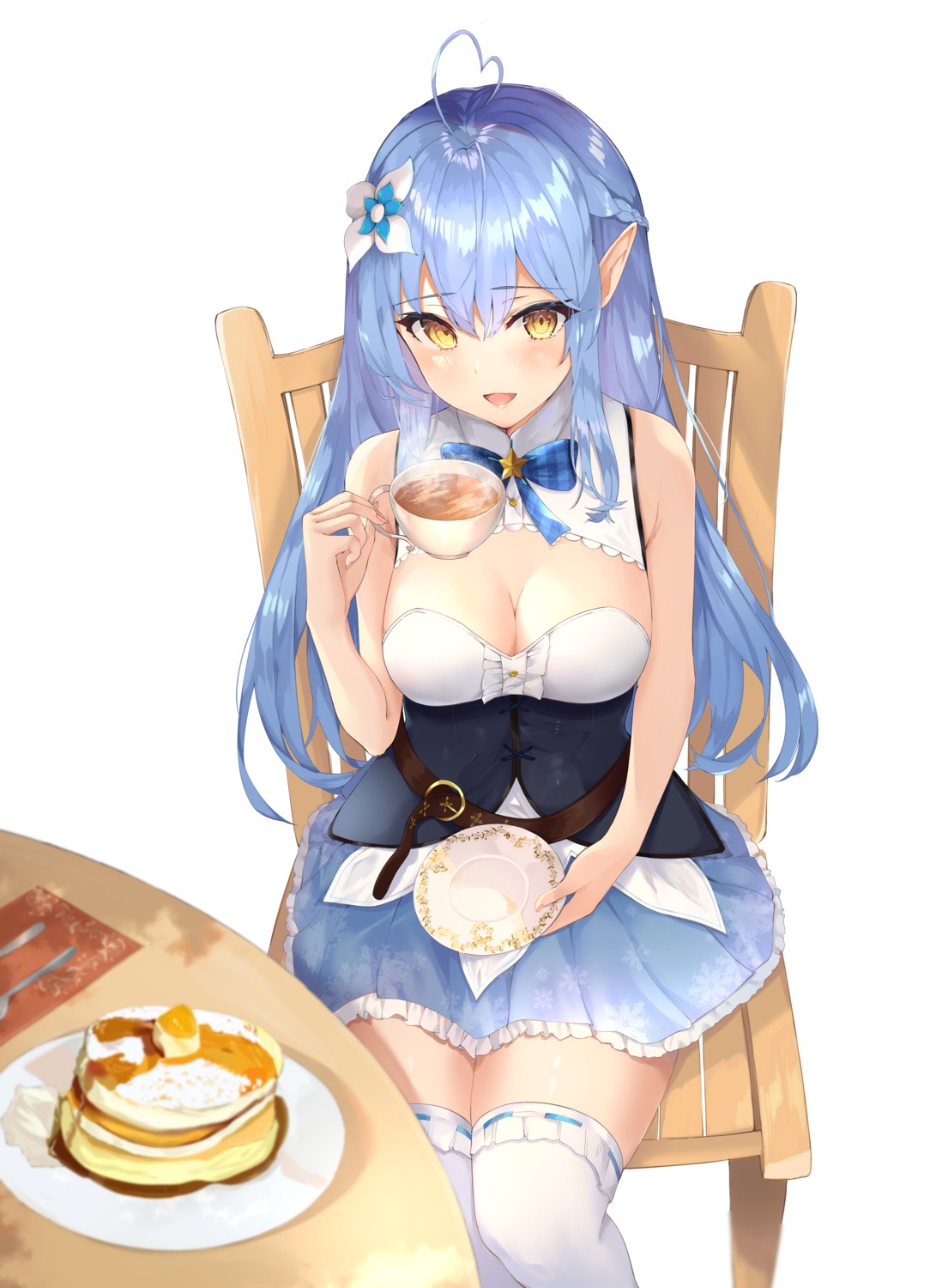 cleavage elf hololive no_bra pointy_ears shiina_aoi thighhighs yukihana_lamy