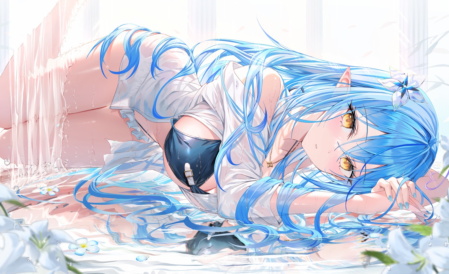 bikini dress_shirt elf hololive open_shirt pointy_ears rin_yuu see_through swimsuits wet wet_clothes yukihana_lamy