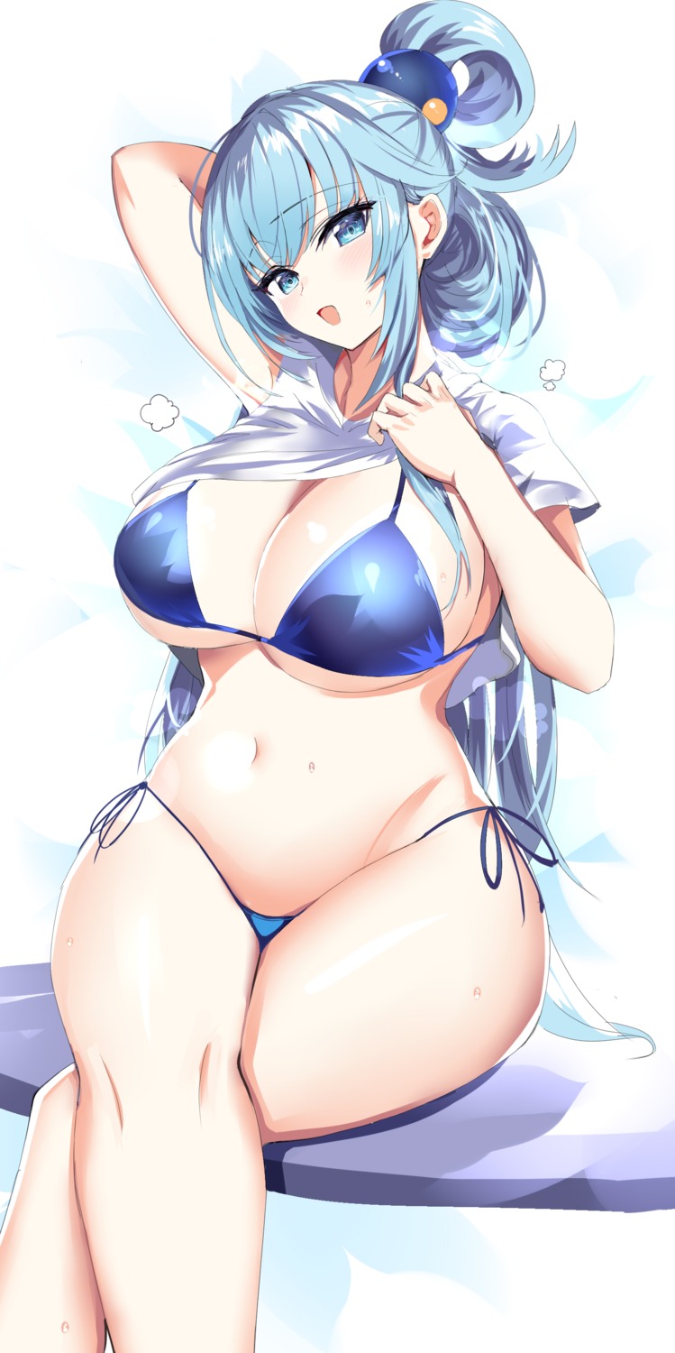 aqua_(konosuba) bikini hanasaka_houcha kono_subarashii_sekai_ni_shukufuku_wo! shirt_lift swimsuits