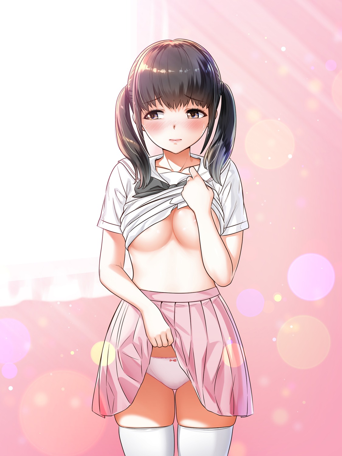 areola breast_hold breasts momo-chan_atakku no_bra pantsu seifuku shirt_lift skirt_lift thighhighs