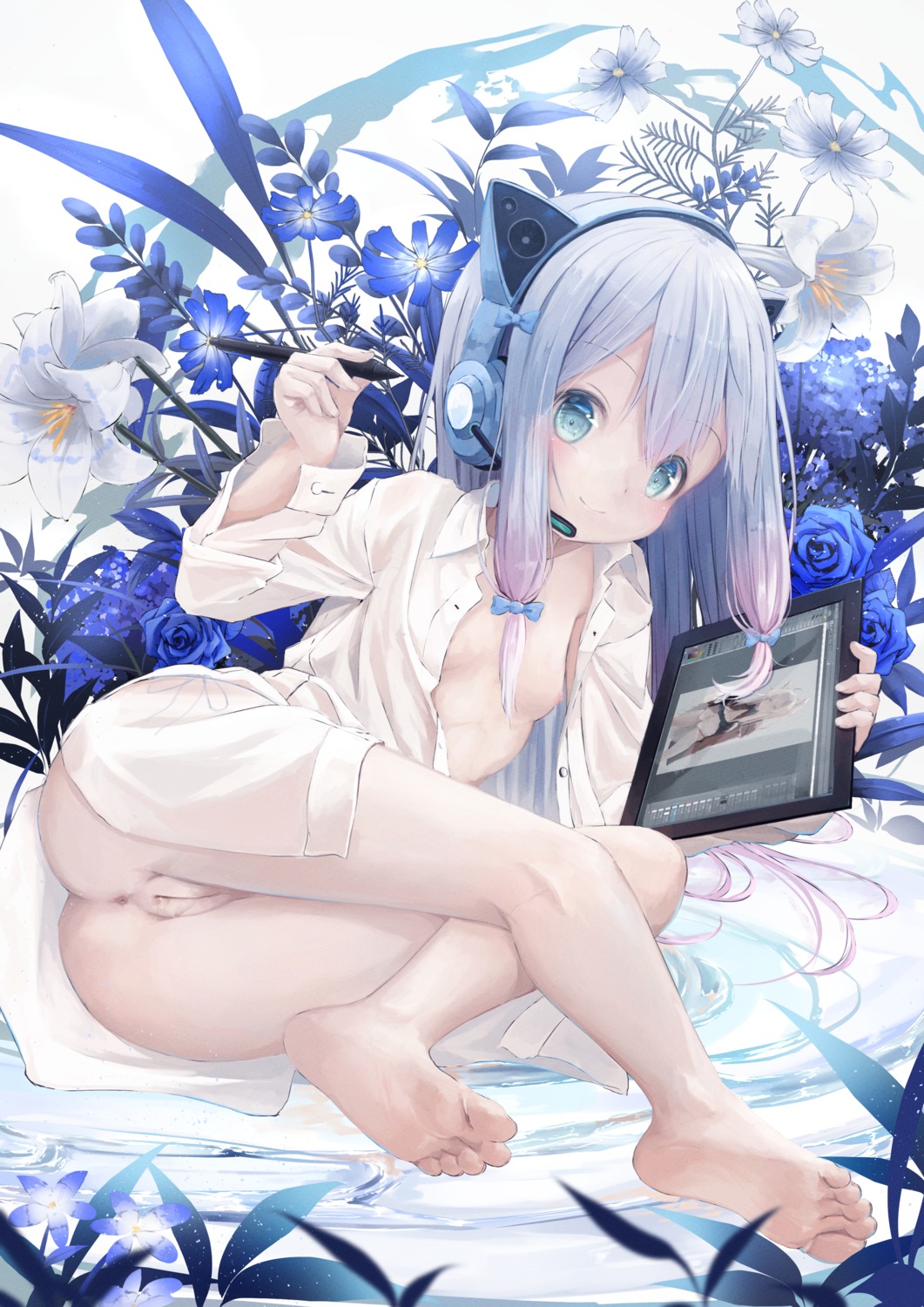 animal_ears anus bottomless breasts dress_shirt eromanga-sensei feet headphones izumi_sagiri loli nekomimi nipples no_bra open_shirt pussy pussy_juice see_through uncensored utatanecocoa