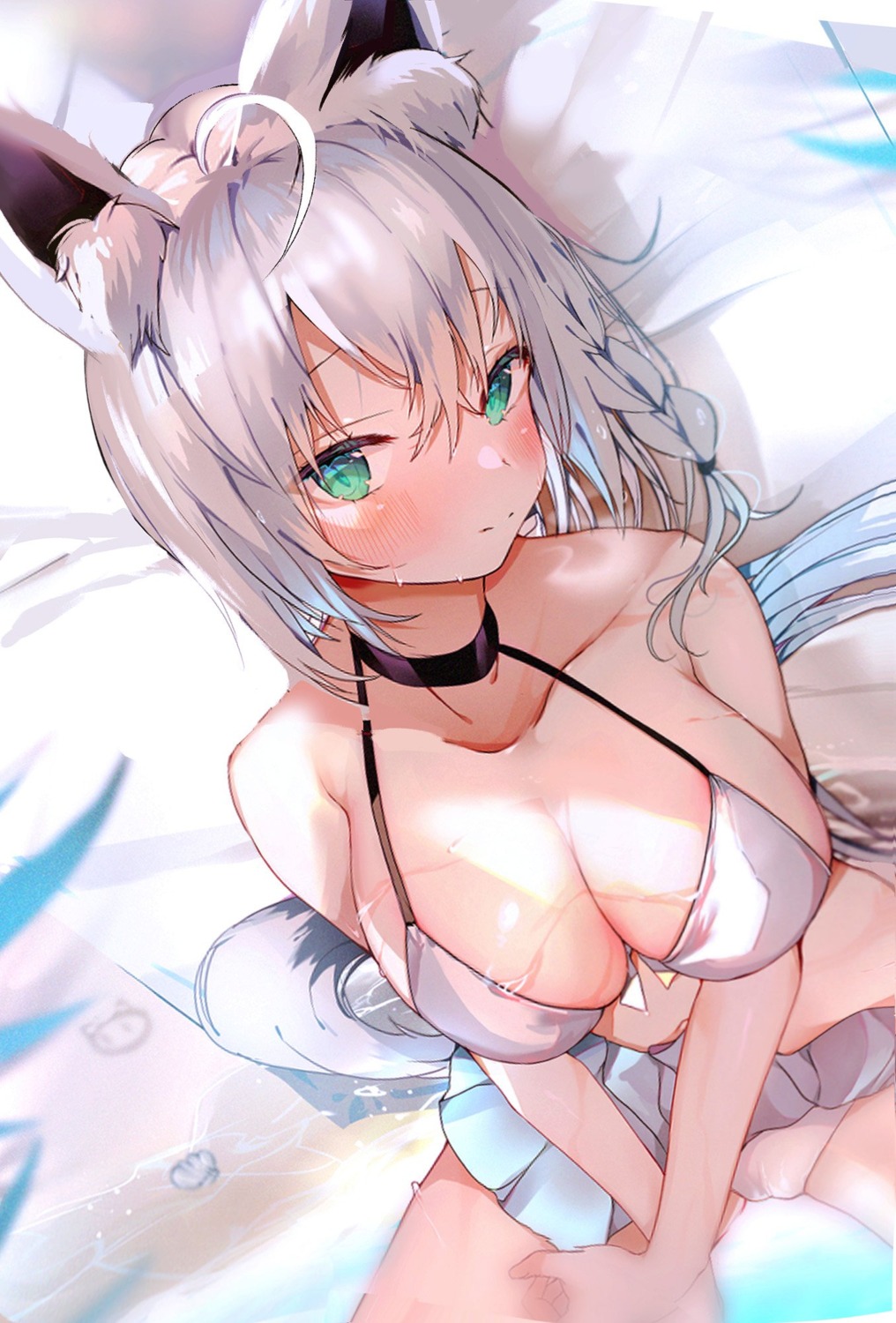 animal_ears bikini cameltoe hololive hololive_gamers kitsune niku_(hamuchang) shirakami_fubuki skirt_lift swimsuits tail wet