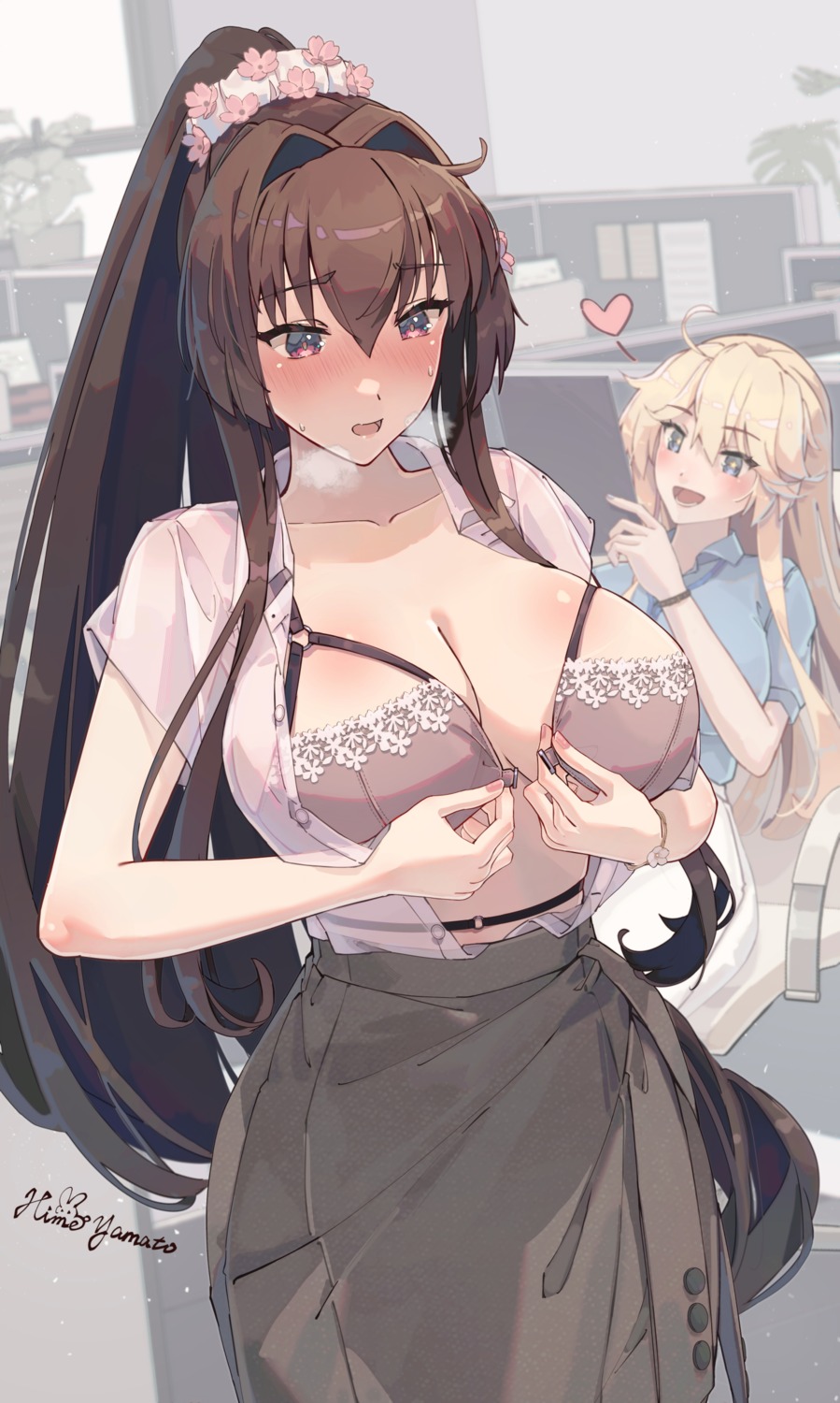 bra dress_shirt himeyamato iowa_(kancolle) kantai_collection open_shirt see_through undressing yamato_(kancolle)