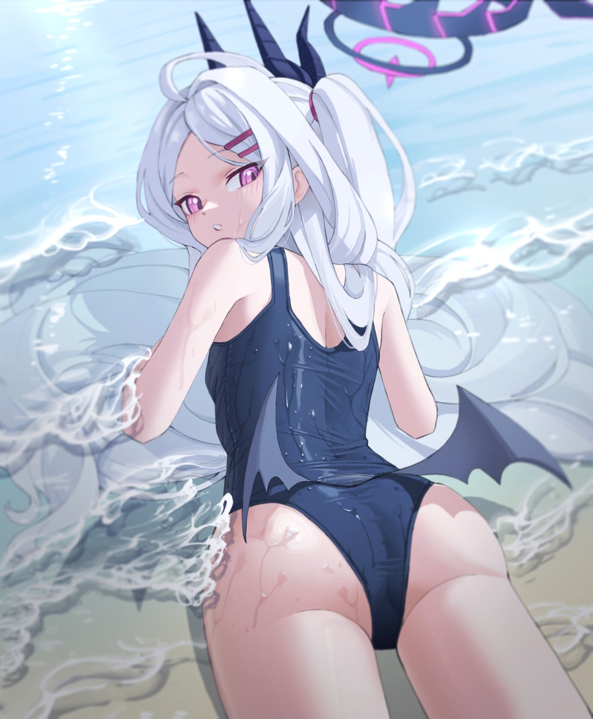 ass blue_archive devil halo horns loli mahou_gnome school_swimsuit sorasaki_hina swimsuits wet wings