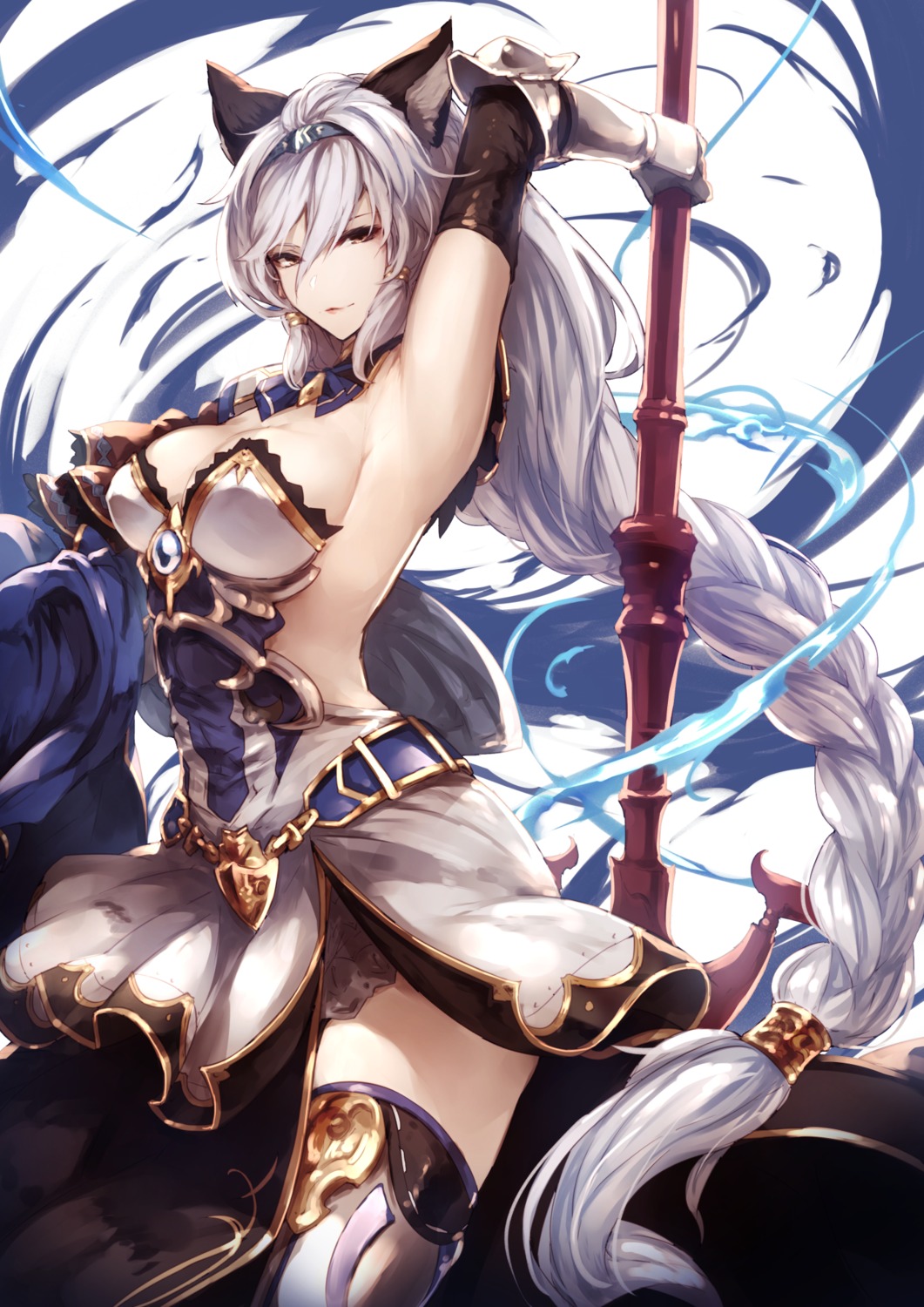 animal_ears armor cleavage dress genyaky granblue_fantasy heles nekomimi no_bra thighhighs weapon