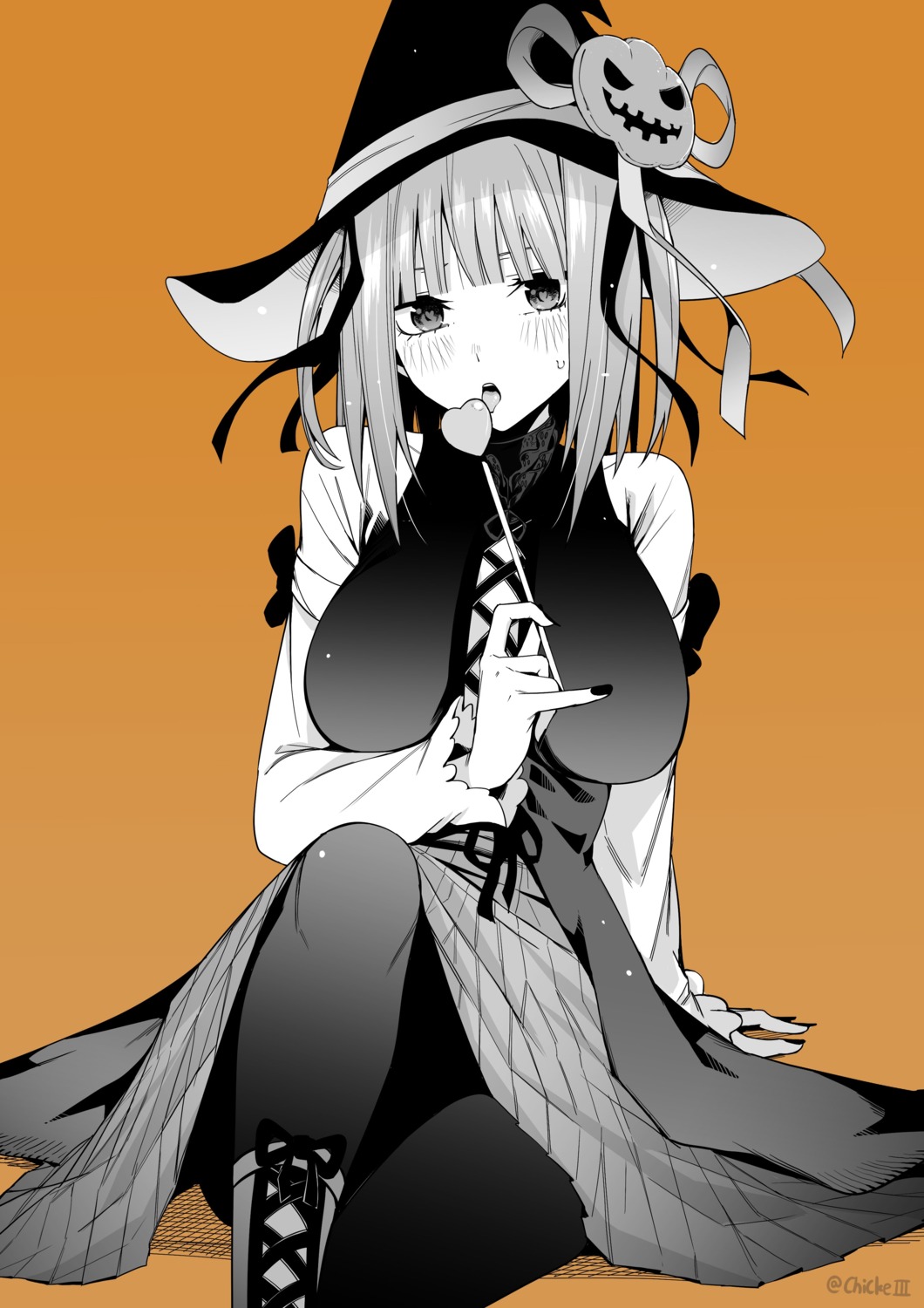 5-toubun_no_hanayome breast_hold chicke_iii halloween monochrome nakano_nino pantyhose skirt_lift witch