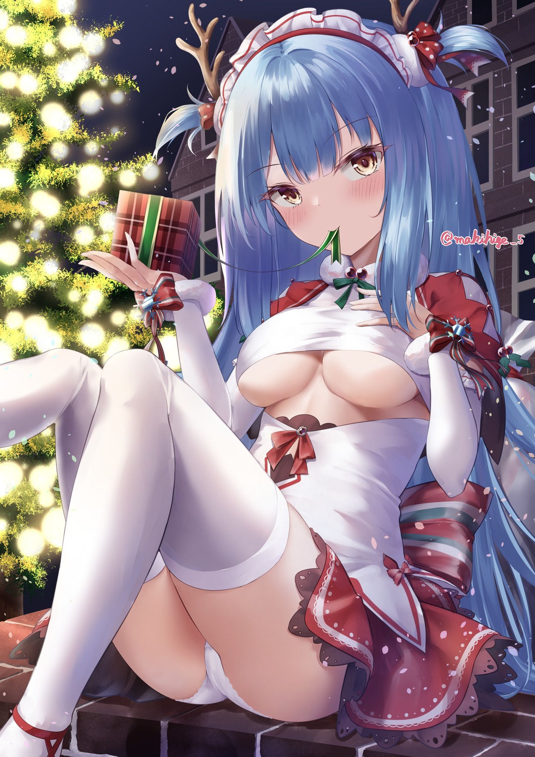 azur_lane christmas horns makihige neptune_(azur_lane) no_bra pantsu skirt_lift thighhighs