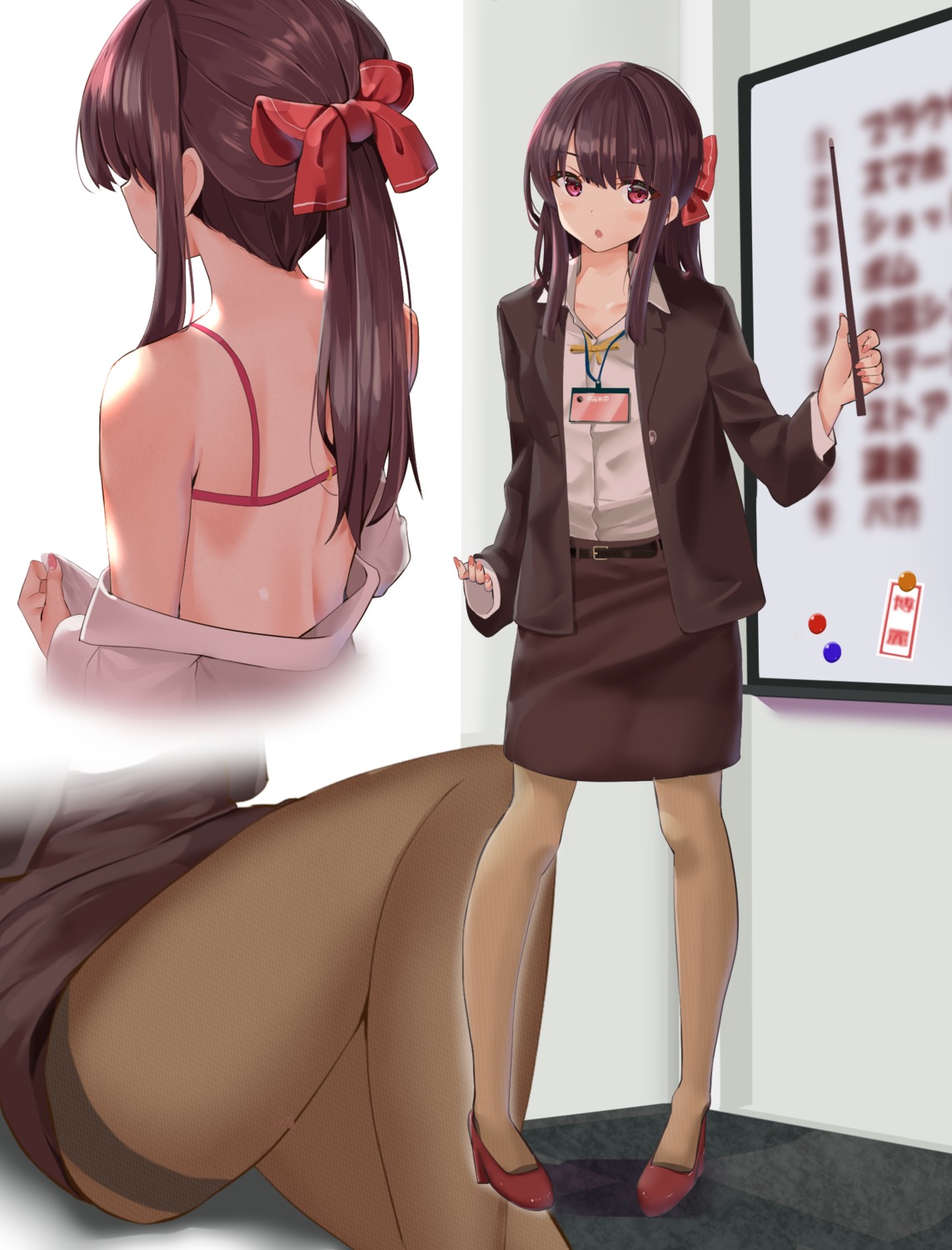 bra business_suit dress_shirt fujiko_(emnprmn) hakurei_reimu heels open_shirt pantyhose skirt_lift touhou undressing