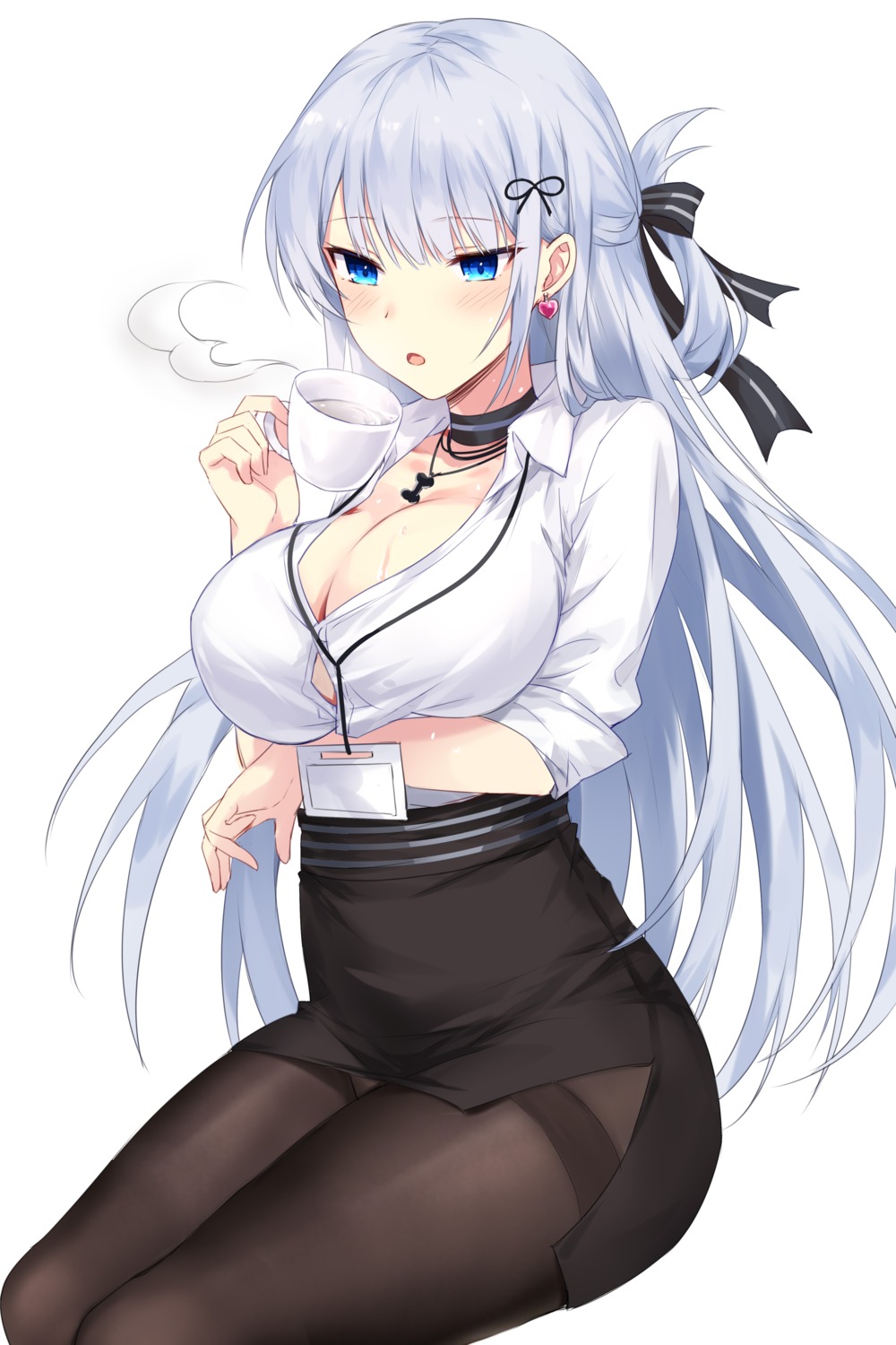 breast_hold devil_heavens dress_shirt open_shirt pantyhose skirt_lift